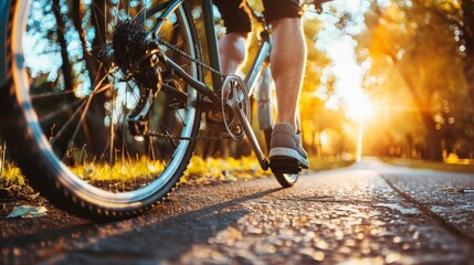 Naklejka premium Close-up of cyclist's legs and bicycle on a sunny autumn afternoon ride, with golden sun rays illuminating the path and trees in the background.