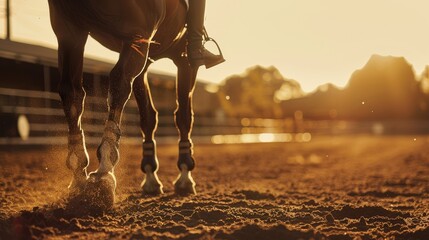 Close-up of horse hooves and legs with rider at sunset on a sandy riding arena. Warm and serene equestrian scene capturing the golden light.