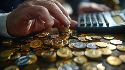 A close-up of a persons hand counting a stack of gold coins. A calculator is blurred in the background, suggesting financial calculations