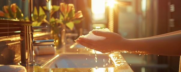 Obraz premium Washing hands in the sink with flowing water in light bathroom, antibacterial concept banner. Generative AI.