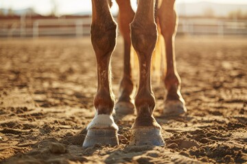Close-up of horse legs and hooves standing on sandy ground in sunlight at a ranch, representing equestrian and rural lifestyle scenes.