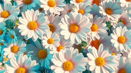 Daisies in a field with yellow centers.
