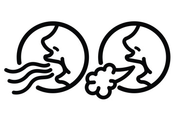 Naklejka premium Yawn, burp, breathe, or sigh icon sign illustration with black outline isolated on white horizontal background. Simple flat cartoon inhale exhale art styled drawing.
