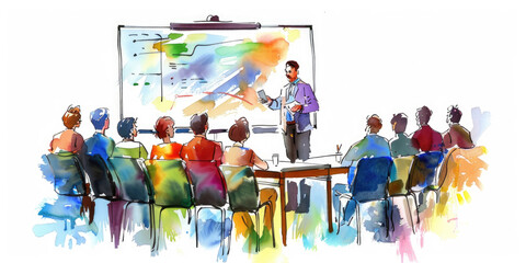 A watercolor illustration depicting a business presentation, with a speaker standing in front of a whiteboard and an audience listening intently