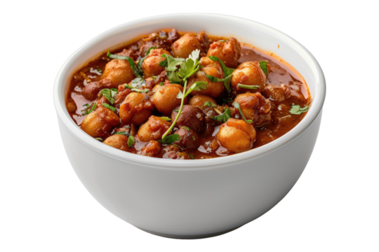 Chana masala in a white bowl isolated on transparent background