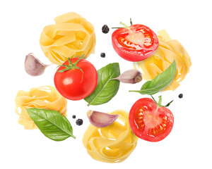 Raw pasta, tomatoes, garlic and basil in air on white background