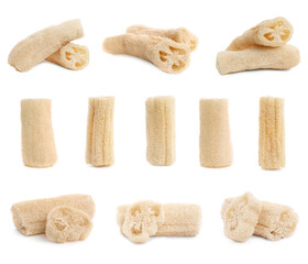 Natural loofah sponges isolated on white, set