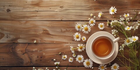 A warm cup of tea accompanied by fresh daisies on a wooden table, perfect for a cozy afternoon