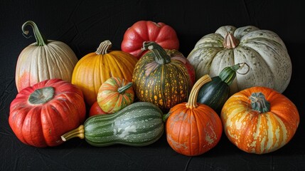 A collection of pumpkins and gourds arranged on a dark, matte surface