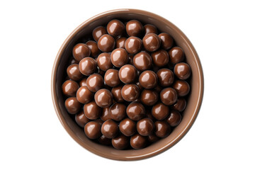 Chocolate malt balls in a wooden bowl isolated on transparent background