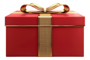 Classic red box with gold ribbon isolated on transparent background
