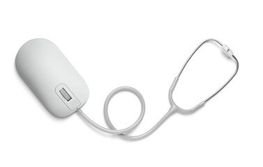Stethoscope with computer mouse isolated on white, top view. Online medicine