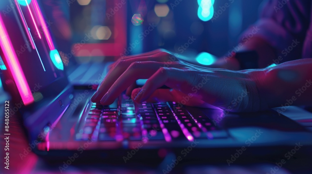 Poster close-up of hands typing on laptop keyboard in dimly lit room, great for representing work or study 