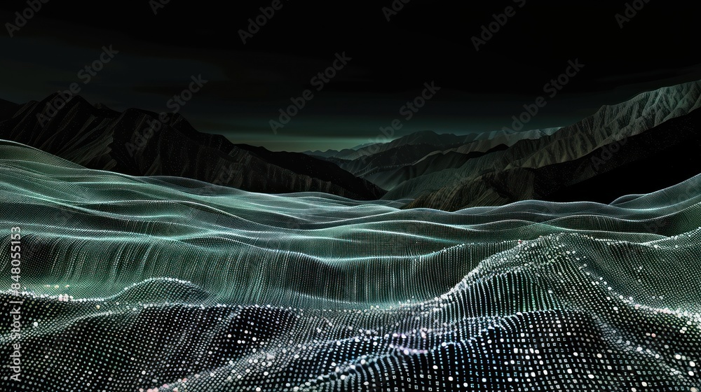 Poster a binary code sequence flowing across a digital landscape,