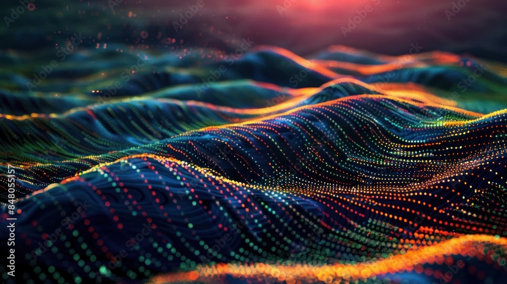 Poster a binary code sequence flowing across a digital landscape,