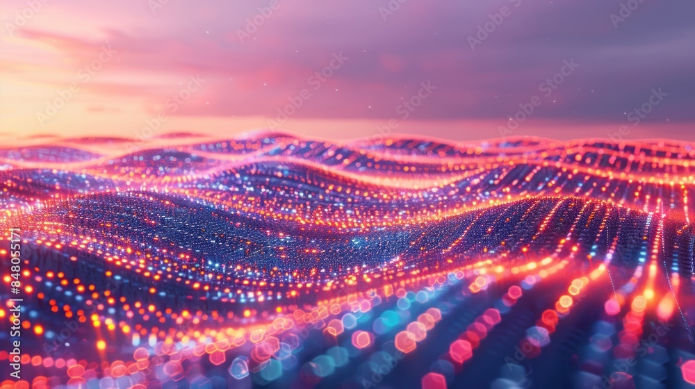 Poster a binary code sequence flowing across a digital landscape,