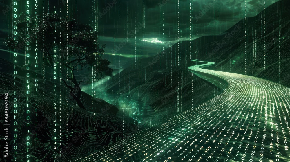 Poster a binary code sequence flowing across a digital landscape,