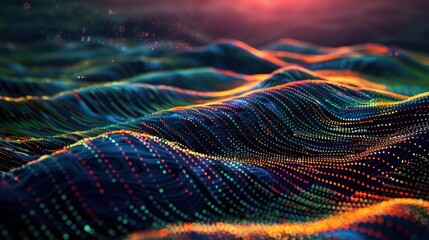 a binary code sequence flowing across a digital landscape, 