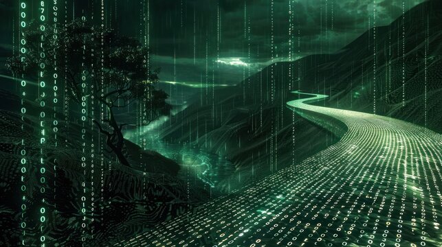 a binary code sequence flowing across a digital landscape, 