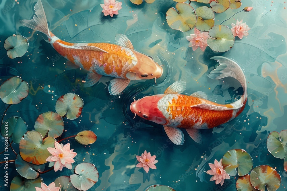 Wall mural Oriental Colorful Koi fish Japanese swimming underwater surrounded by nature flower