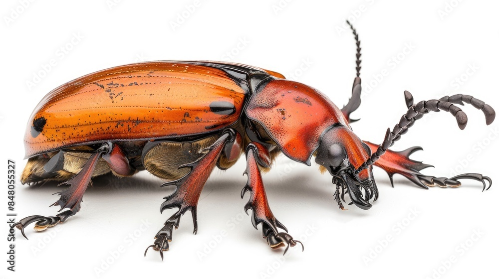 Poster a close-up image of a beetle sitting on a white surface