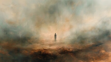 Solitary figure standing amidst a dreamlike,surreal landscape,lost in thoughtful contemplation,subtle ethereal hues and soft,textured brushstrokes creating a sense of introspection and quiet solace.