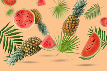 Fototapeta premium Summer party. Tropical fruits and palm leaves in air on peach color background