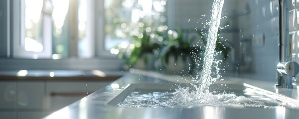 Washing hands in the sink with flowing water in light bathroom, antibacterial concept banner. Generative AI.