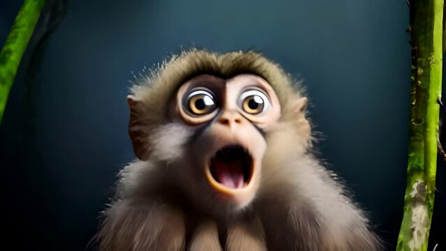 A very surprised small monkey with wide open eyes and mouth