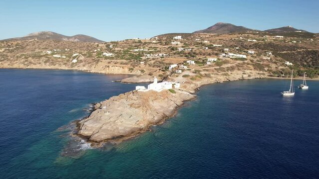 View of Chrysophygi Monastery and Paros on the south east coast of the island, Sifnos, Greece