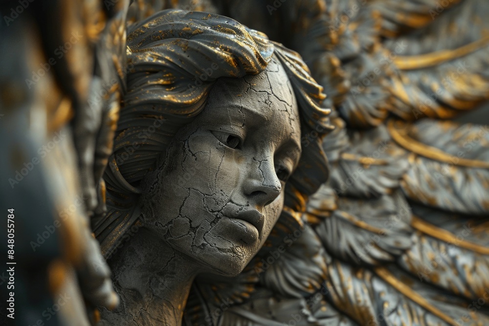 Poster a detailed view of an angel's face or features, often used in religious contexts