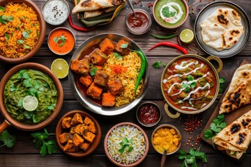 Assorted indian food on dark wooden background. 
