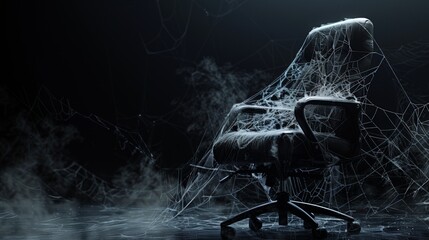 Labor shortage concept illustrated by an office chair marked as vacant and covered in spider webs, symbolizing the lack of skilled staff available
