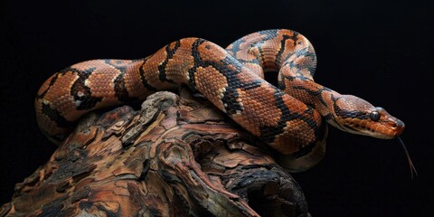 A close-up shot of a snake curled around a tree branch, highlighting its texture and pattern