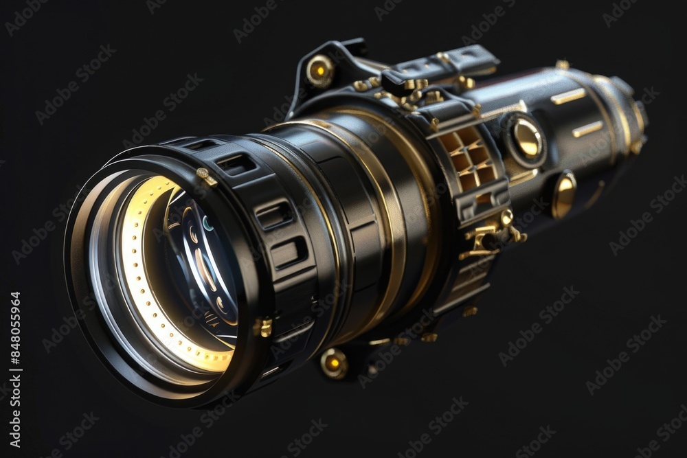 Aufkleber a close-up shot of a camera lens on a black background, suitable for use in product photography or t