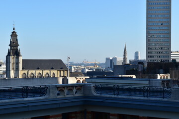 Cityscape of Brussels in the morning as seen from Poelaert square with the Atomium landmark in the centre background
