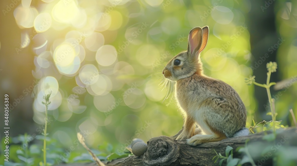 Aufkleber a rabbit sits on a log in the woods, looking around cautiously