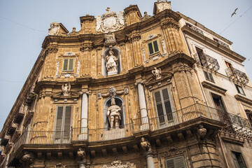 Fototapeta premium Quattro Canti, officially known as Piazza Vigliena, is a Baroque square in Palermo, region of Sicily, Italy; it is considered the center of the historic quarters of the city.