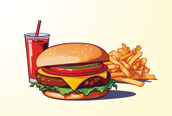 A hamburger, french fries and a drink on a plate digital drawing flat illustration isolated on a white background