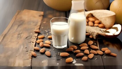 A glass and a bottle of almond milk on a wooden table and nuts scattered around