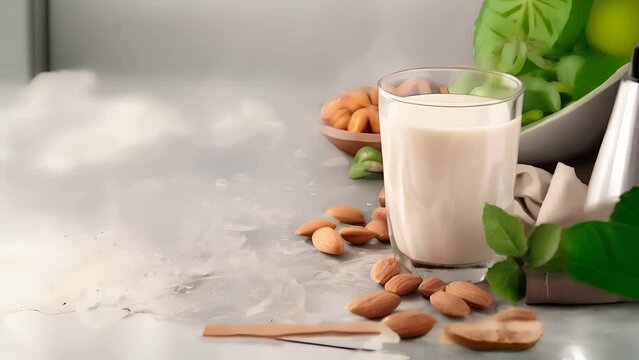A glass of almond milk on a wooden table and nuts scattered around