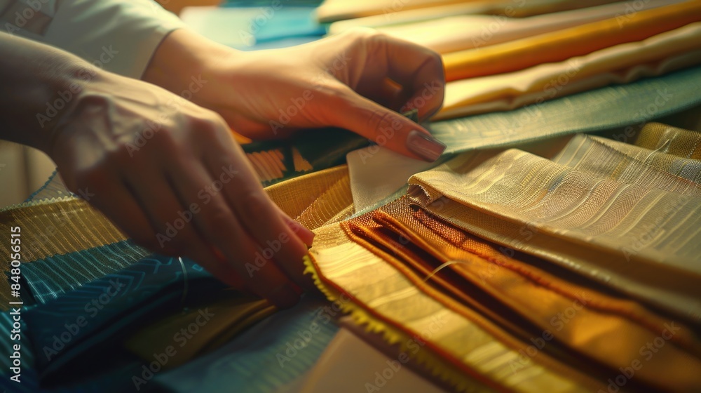 Aufkleber A person is cutting fabric with scissors on a table