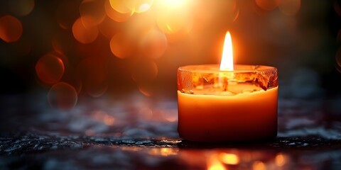 Condolence card with blurred candle flame and light glare. Concept Condolence Card, Blurred Candle Flame, Light Glare