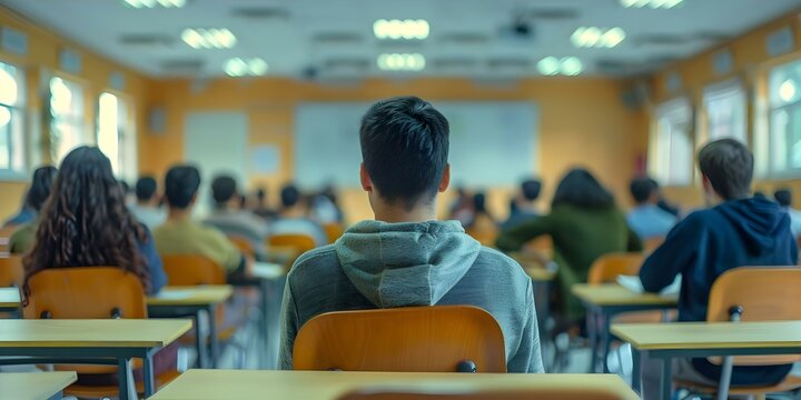 Students in university classroom taking exam at desks. Concept Student life, Education, Testing, University, Classroom
