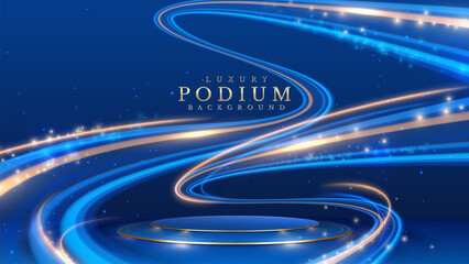 Elegant Blue and Gold Background Featuring Swirling Light Trails and an Empty Podium, Perfect for Luxury Presentations and Events. Vector Illustration.