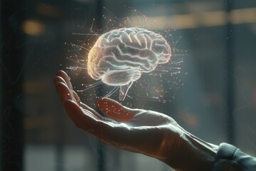 digital brain hologram spinning above male human hand 