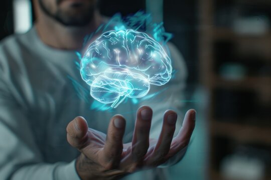 digital brain hologram spinning above male human hand 