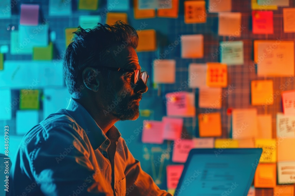 Poster A person sitting in front of a computer screen with a focused expression