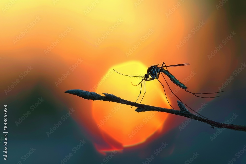 Poster a close-up shot of a mosquito perched on the end of a tree branch, looking out at something
