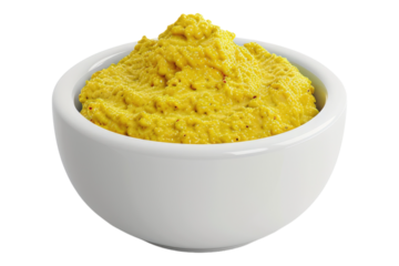 Mustard in white bowl isolated on transparent background